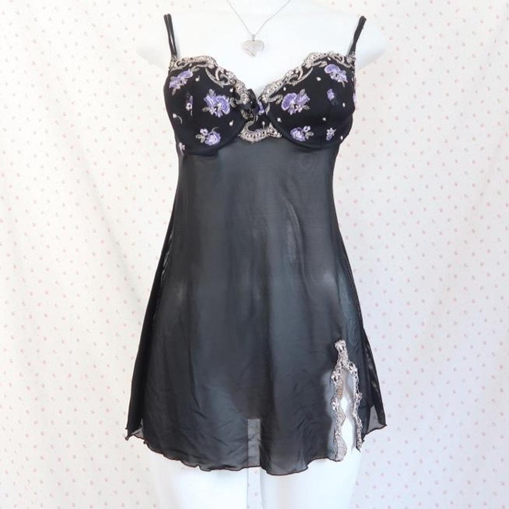 y2k black floral lace babydoll mini dress